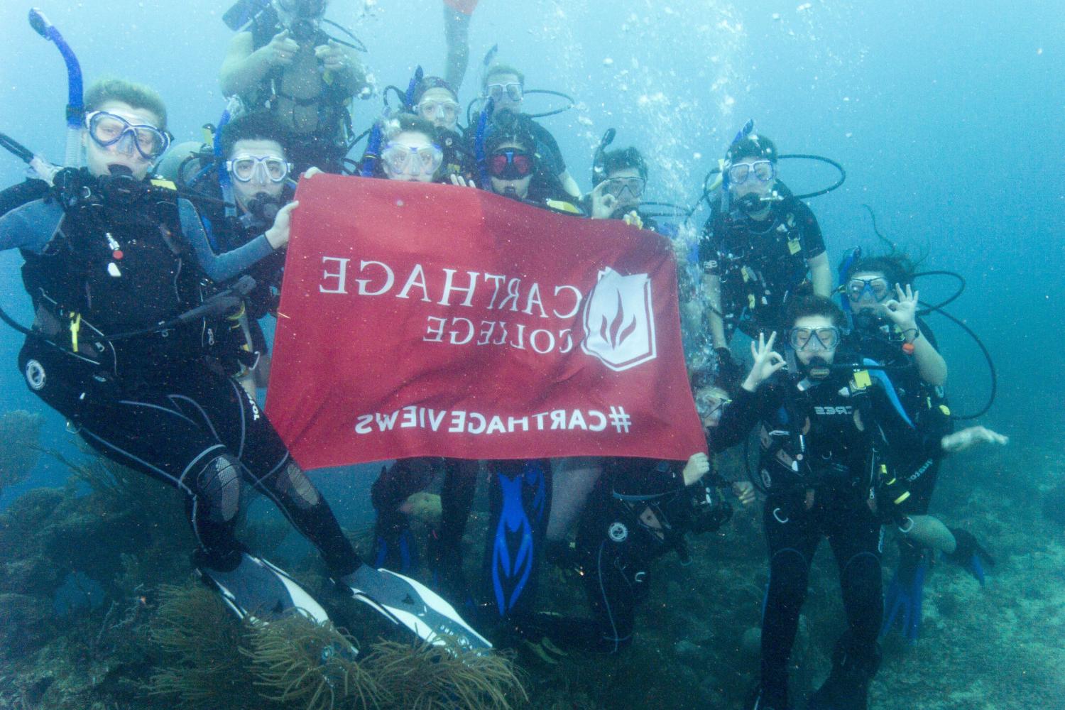 学生们手持<a href='http://pya9.bydets.com'>bv伟德ios下载</a>旗帜，在j学期洪都拉斯游学之旅中潜水.